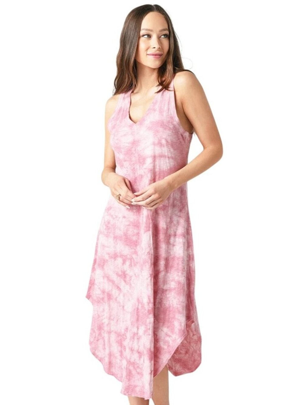 Z Supply The Cloud Tie Dye Dress Medium Sleeveless V-Neck Curved Hem Pink Boho